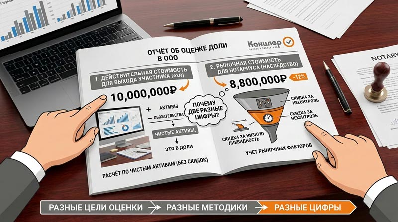 Кейс: оценка доли в ООО для выхода участника и наследства — почему в одном отчёте появляются две разные цифры