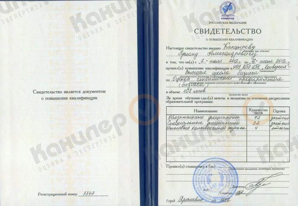 Свидетельство о профессиональной подготовке Руслана Канцырева